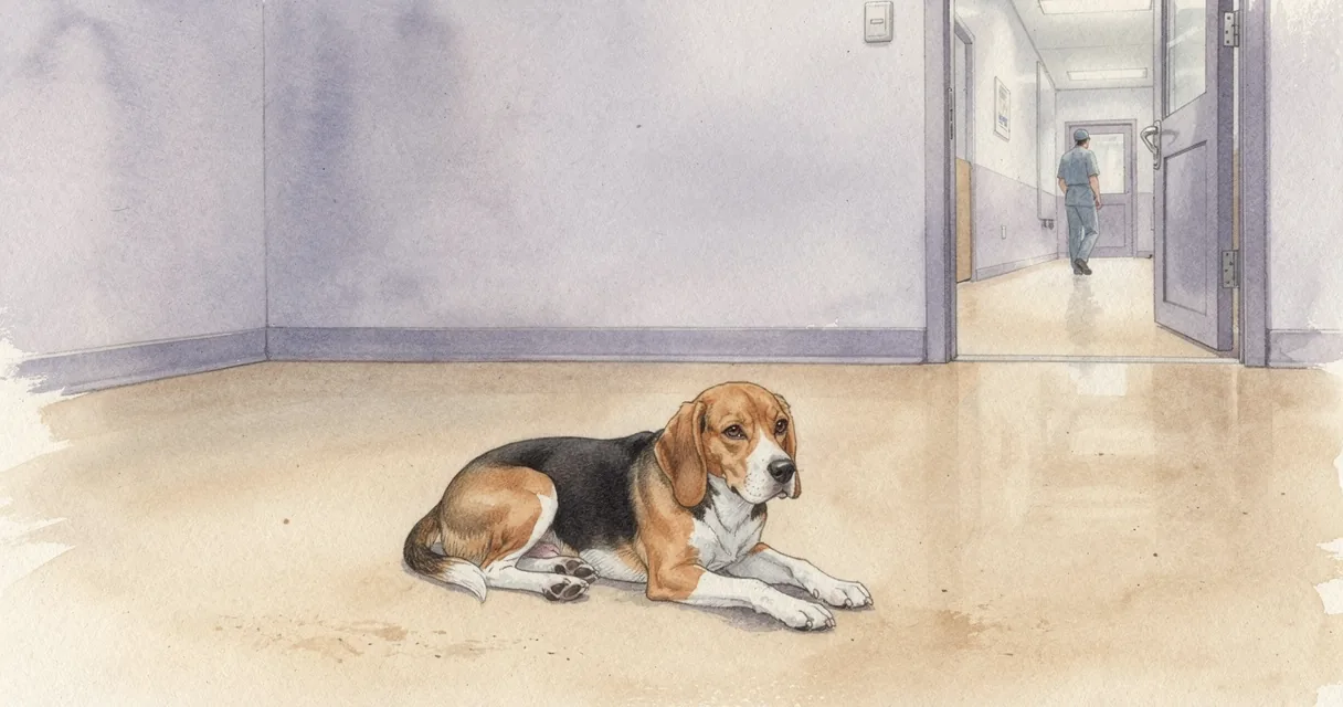 A beagle resting beside a laboratory doorway while a technician passes behind
