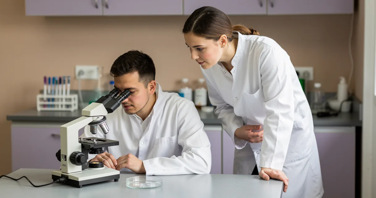 Two laboratory technicians discussing work beside a microscope and glass dishes