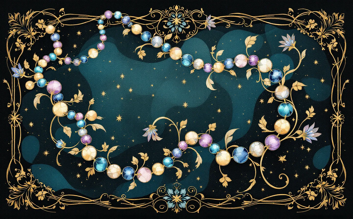An Art Nouveau stained-glass illuminated plate of an abstract peptide chain drawn as a flowing whiplash garland of beads in peacock-teal and gold-leaf glass with floral tendrils and an ornate gilt border, on a deep midnight ground