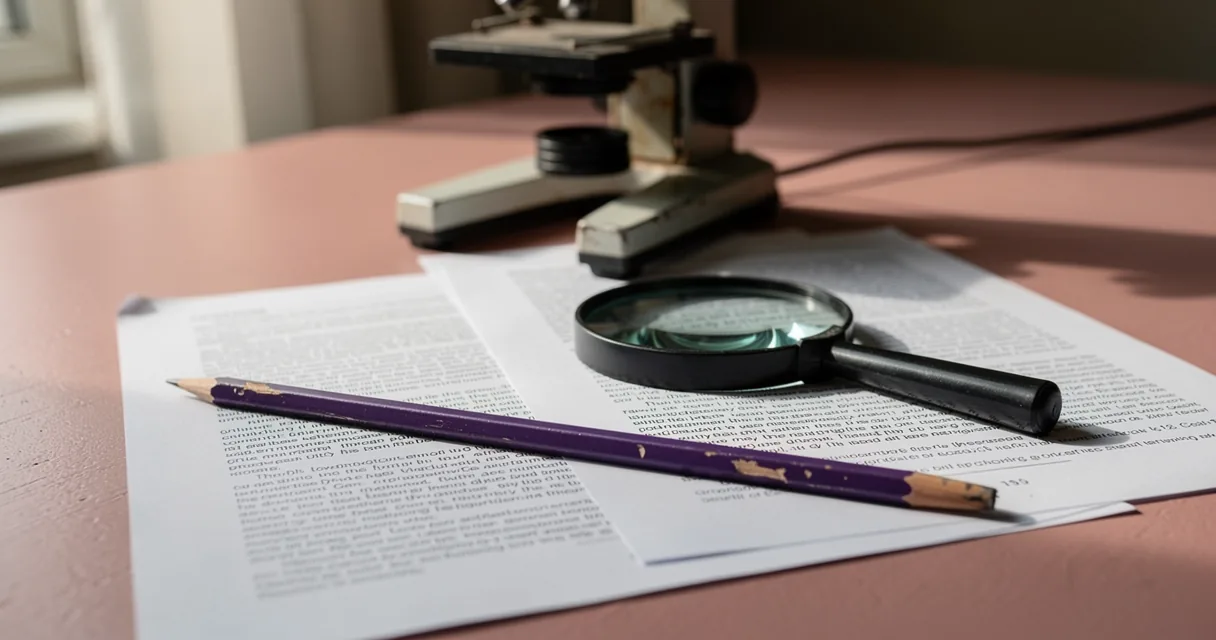 A microscope, magnifying glass and violet pencil beside open research papers